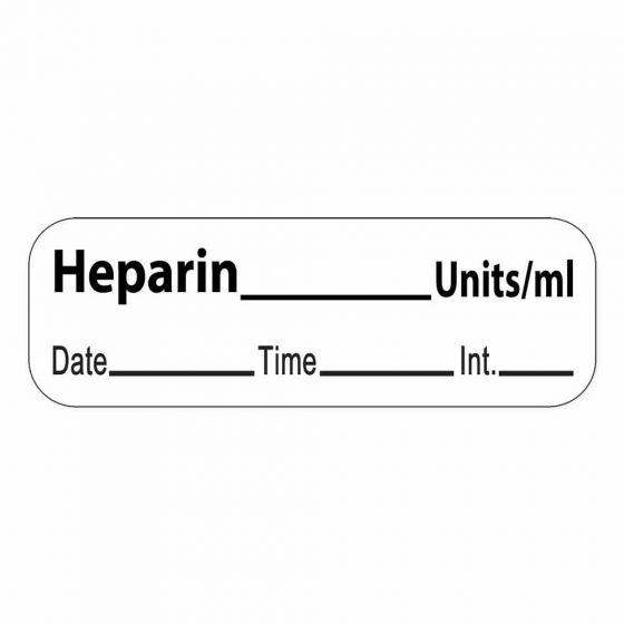 Anesthesia Label with Date, Time & Initial (Paper, Permanent) Heparin Units/ml 1 1/2" x 1/2" White - 600 per Roll