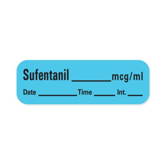 Anesthesia Label with Date, Time & Initial (Paper, Permanent) Sufentanil mcg/ml 1 1/2" x 1/2" Blue - 600 per Roll