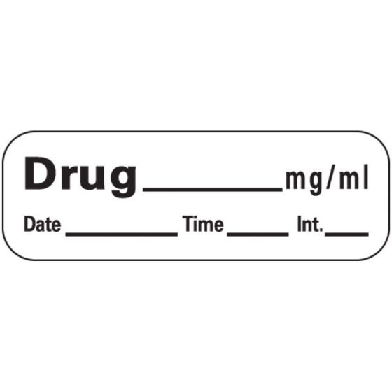 Anesthesia Label with Date, Time & Initial (Paper, Permanent) Drug mg/ml 1 1/2" x 1/2" White - 600 per Roll