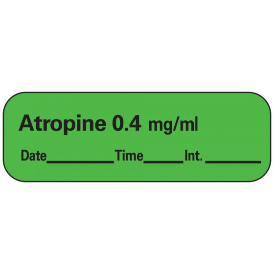 Anesthesia Label with Date, Time & Initial (Paper, Permanent) Atropine 0.4 mg/ml 1 1/2" x 1/2" Green - 600 per Roll