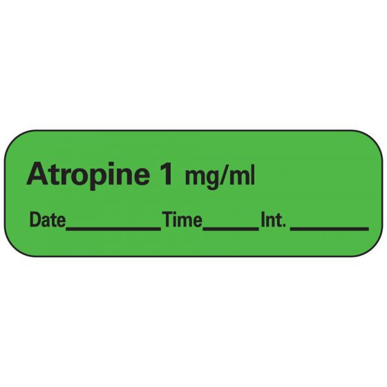 Anesthesia Label with Date, Time & Initial (Paper, Permanent) Atropine 1" mg/ml 1 1 1/2" x 1/2" Green - 600 per Roll