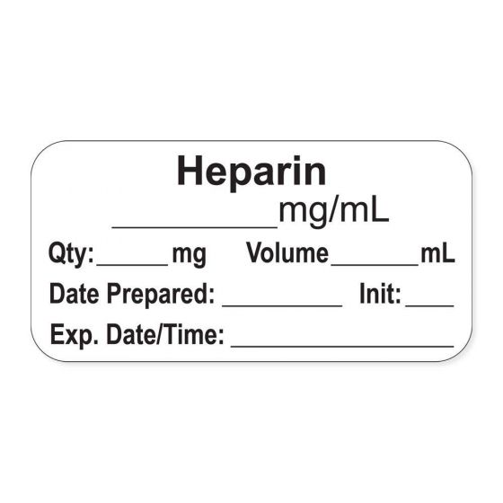 Anesthesia Label, with Expiration Date, Time & Initial (Paper, Permanent) "Heparin mg/ml" 1-1/2" x 3/4" White - 500 per Roll