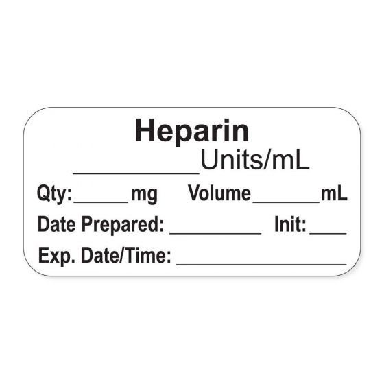 Anesthesia Label, with Expiration Date, Time & Initial (Paper, Permanent) "Heparin Units/ml" 1-1/2" x 3/4" White - 500 per Roll