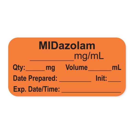 Anesthesia Label, with Expiration Date, Time & Initial (Paper, Permanent) "Midazolam mg/ml" 1-1/2" x 3/4", Orange, - 500 per Roll