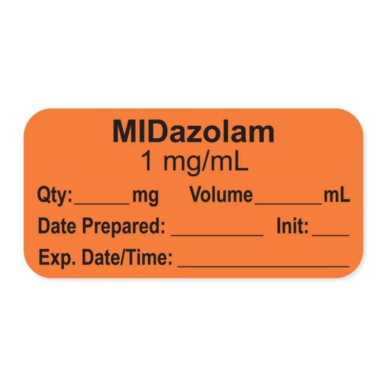 Anesthesia Label, with Expiration Date, Time & Initial (Paper, Permanent) "Midazolam 1 mg/ml" 1-1/2" x 3/4", Orange, - 500 per Roll