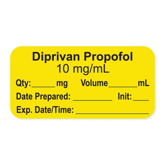 Anesthesia Label, with Expiration Date, Time & Initial (Paper, Permanent) "Diprivan Propofol 10 mg/ml" 1-1/2" x 3/4", Yellow - 500 per Roll