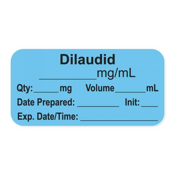 Anesthesia Label, with Expiration Date, Time & Initial (Paper, Permanent) "Dilaudid mg/ml" 1-1/2" x 3/4" Blue - 500 per Roll