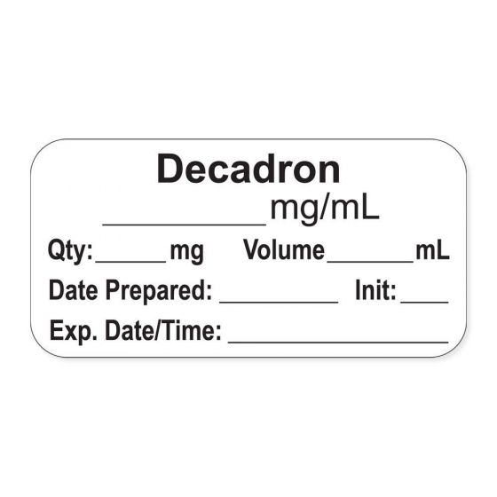 Anesthesia Label, with Expiration Date, Time & Initial (Paper, Permanent) "Decadron mg/ml" 1-1/2" x 3/4" White - 500 per Roll