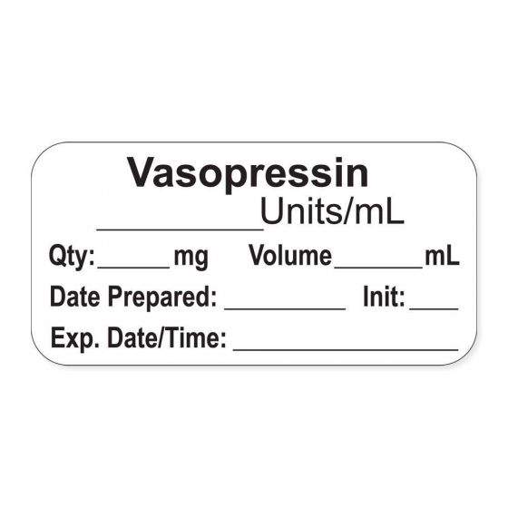 Anesthesia Label, with Expiration Date, Time & Initial (Paper, Permanent) "Vasopressin Units/ml" 1-1/2" x 3/4" White - 500 per Roll