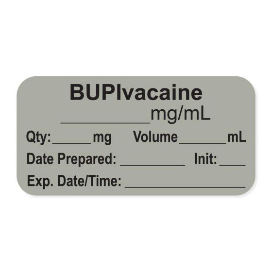 Anesthesia Label, with Expiration Date, Time & Initial (Paper, Permanent) "Bupivacaine mg/ml" 1-1/2" x 3/4", Gray - 500 per Roll