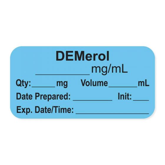 Anesthesia Label, with Expiration Date, Time & Initial (Paper, Permanent) "Demerol mg/ml" 1-1/2" x 3/4" Blue - 500 per Roll