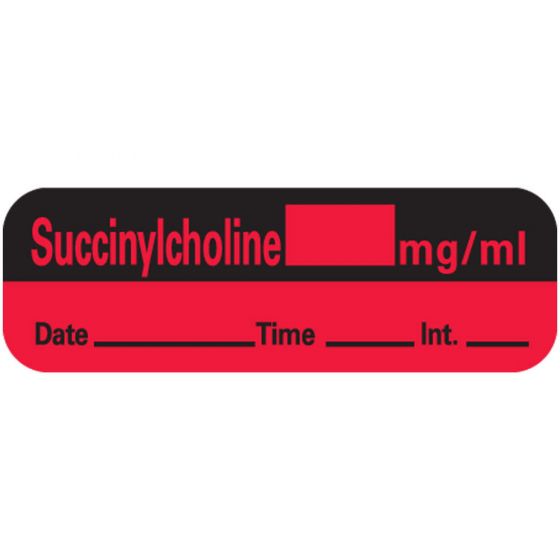 Anesthesia Label with Date, Time & Initial (Paper, Permanent) Succinylcholine 1 1/2" x 1/2" Fluorescent Red - 600 per Roll