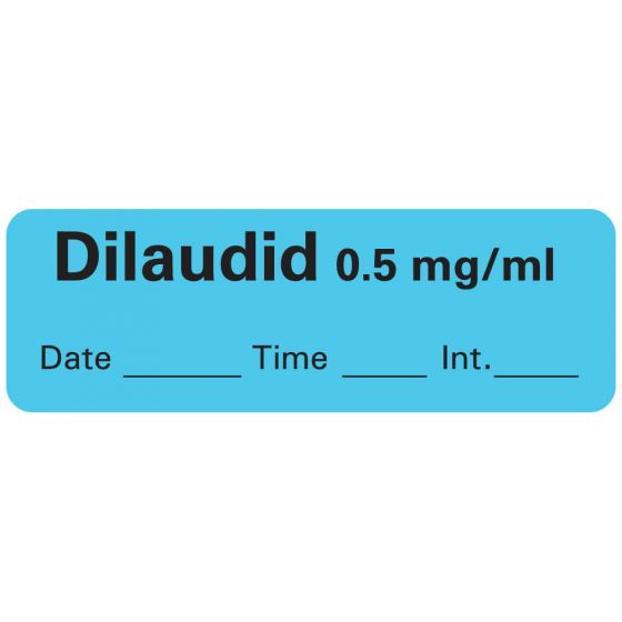 Anesthesia Label with Date, Time & Initial (Paper, Permanent) Dilaudid 0.5 mg/ml 1 1/2" x 1/2" Blue - 600 per Roll