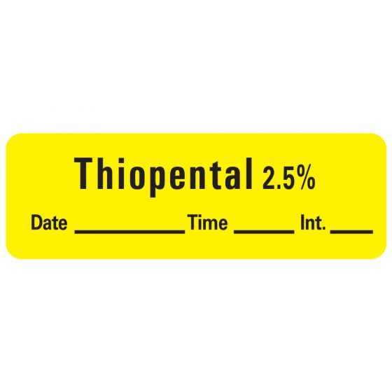 Anesthesia Label with Date, Time & Initial (Paper, Permanent) Thiopental 2.5% 1 1/2" x 1/2" Yellow - 600 per Roll