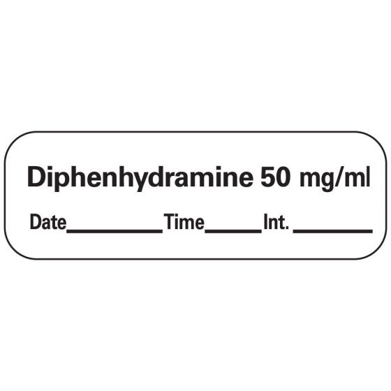 Anesthesia Label with Date, Time & Initial (Paper, Permanent) Diphenhydramine 50 1 1/2" x 1/2" White - 600 per Roll