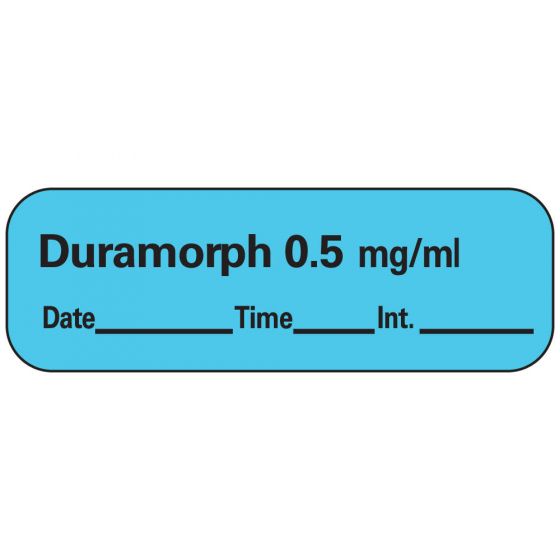 Anesthesia Label with Date, Time & Initial (Paper, Permanent) Duramorph 0.5 mg/ml 1 1/2" x 1/2" Blue - 600 per Roll