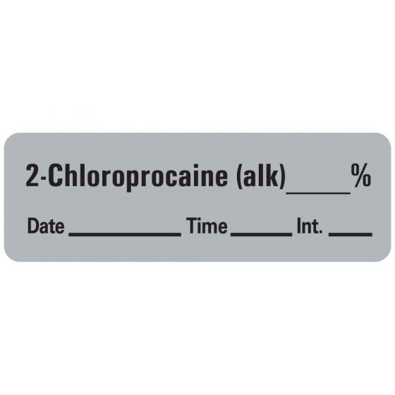 Anesthesia Label with Date, Time & Initial (Paper, Permanent) 2-Chloroprocaine 1 1/2" x 1/2" Gray - 600 per Roll