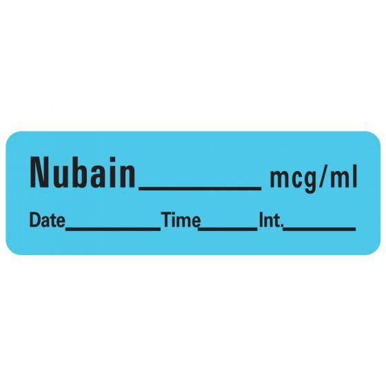 Anesthesia Label with Date, Time & Initial (Paper, Permanent) Nubain mcg/ml 1 1/2" x 1/2" Blue - 600 per Roll