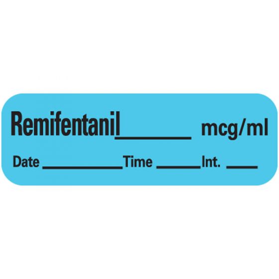 Anesthesia Label with Date, Time & Initial (Paper, Permanent) Remifentanil mcg/ml 1 1/2" x 1/2" Blue - 600 per Roll