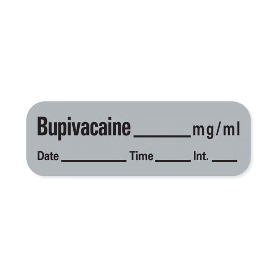 Anesthesia Label with Date, Time & Initial (Paper, Permanent) Bupivacaine mg/ml 1 1/2" x 1/2" Gray - 600 per Roll