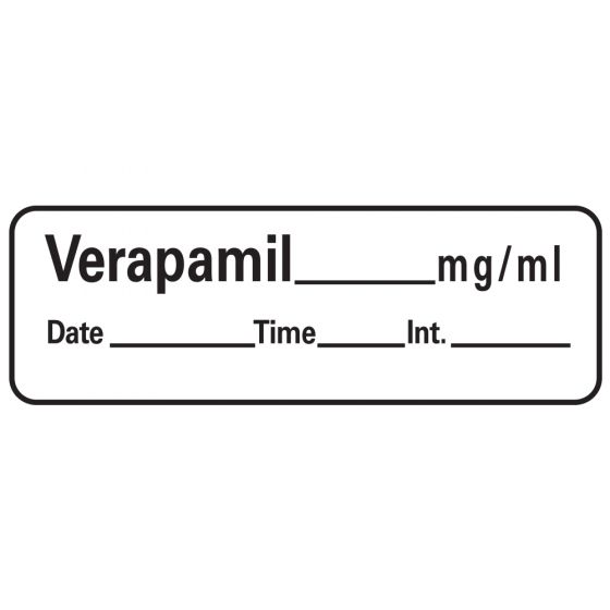 Anesthesia Label with Date, Time & Initial (Paper, Permanent) Verapamil mg/ml 1 1/2" x 1/2" White - 600 per Roll