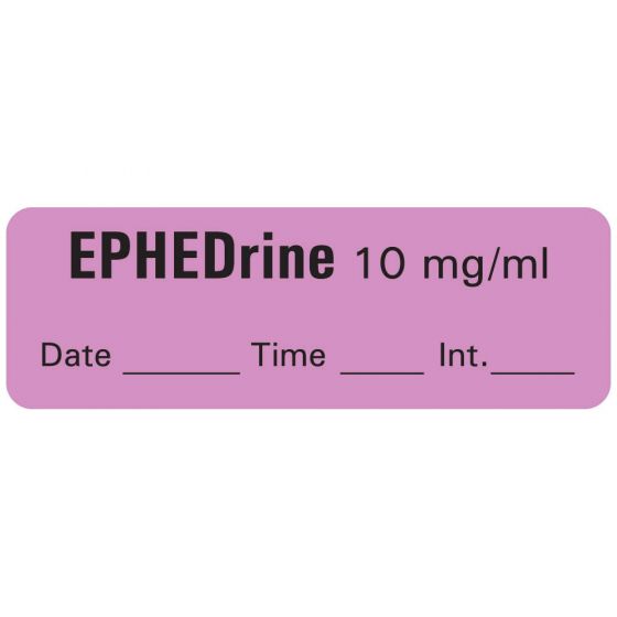 Anesthesia Label with Date, Time & Initial (Paper, Permanent) Ephedrine 10 mg/ml 1 1 1/2" x 1/2" Violet - 600 per Roll