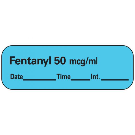 Anesthesia Label with Date, Time & Initial (Paper, Permanent) Fentanyl 50 mcg/ml 1 1/2" x 1/2" Blue - 600 per Roll