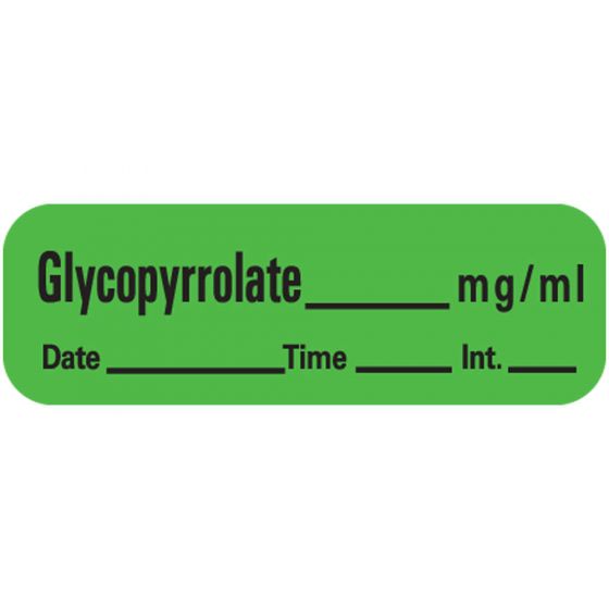 Anesthesia Label with Date, Time & Initial (Paper, Permanent) Glycopyrrolate 1 1/2" x 1/2" Green - 600 per Roll