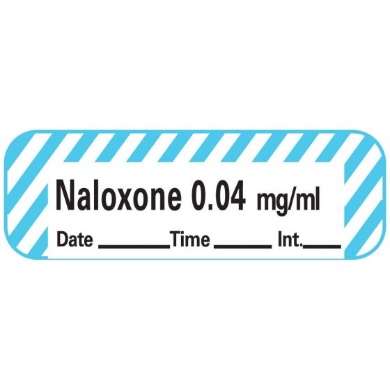 Anesthesia Label with Date, Time & Initial (Paper, Permanent) Naloxone 0.04 mg/ml 1 1/2" x 1/2" White with Blue - 600 per Roll