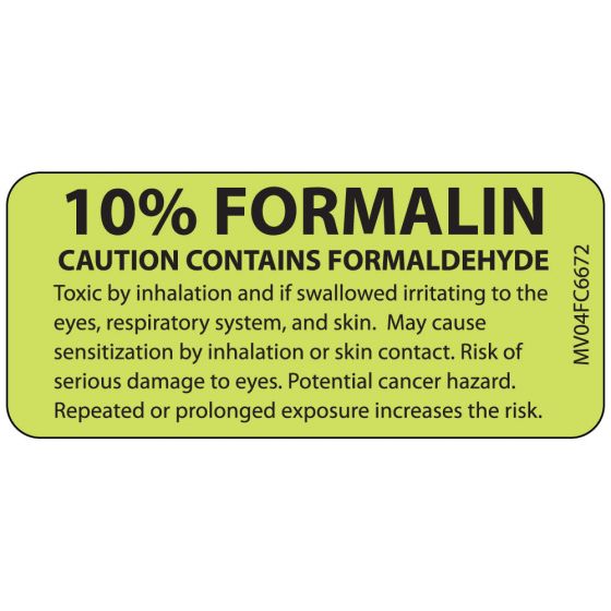 Label Paper Removable 0.1" Formalin Caution 1 Core 2 1/4" x 1", Fl. Chartreuse, 420 per Roll