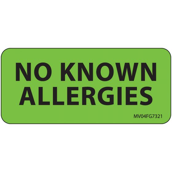 Label Paper Removable No Known Allergies, 1" Core, 2 1/4" x 1", Fl. Green, 420 per Roll