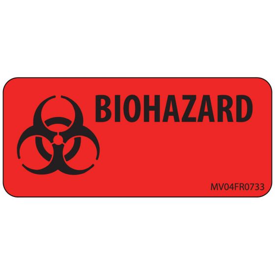 Lab Communication Label (Paper, Permanent) Biohazard 2 1/4"x1 Fluorescent Red - 420 per Roll