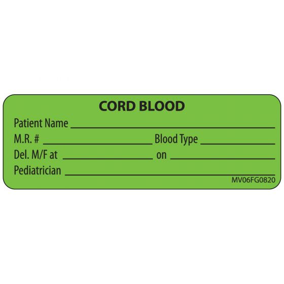 Label Paper Removable Cord Blood Patient, 1" Core, 2 15/16" x 1", Fl. Green, 333 per Roll