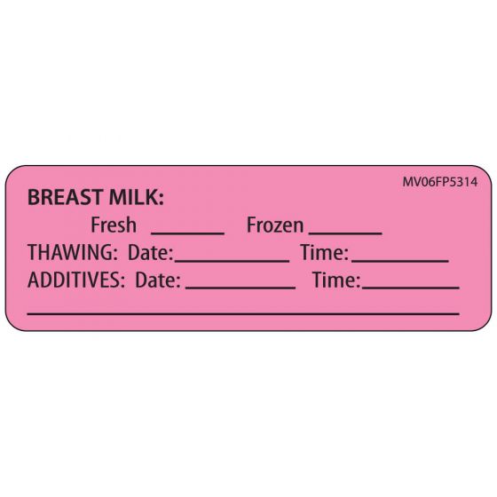 Label Paper Removable Breast Milk: Fresh, 1" Core, 2 15/16" x 1", Fl. Pink, 333 per Roll