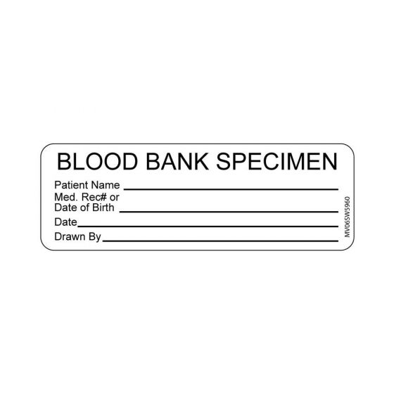 Label Paper Removable Blood Bank Specimen, 1" Core, 2 15/16" x 1", White, 333 per Roll