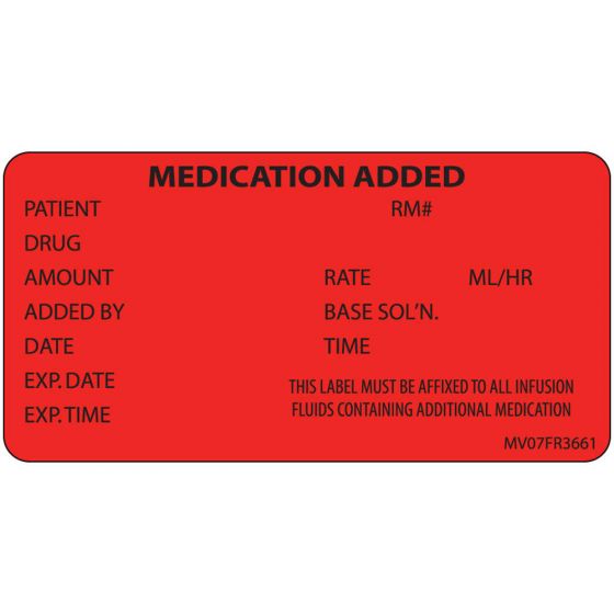 Label Paper Permanent Medication Added, 1" Core, 2 15/16" x 1", 1/2", Fl. Red, 333 per Roll