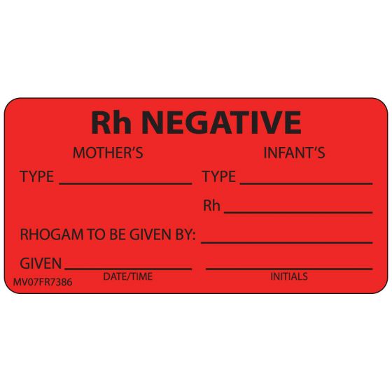 Lab Communication Label (Paper, Permanent) RH Negative Mothers 2 15/16"x1 1/2" Fluorescent Red - 333 per Roll