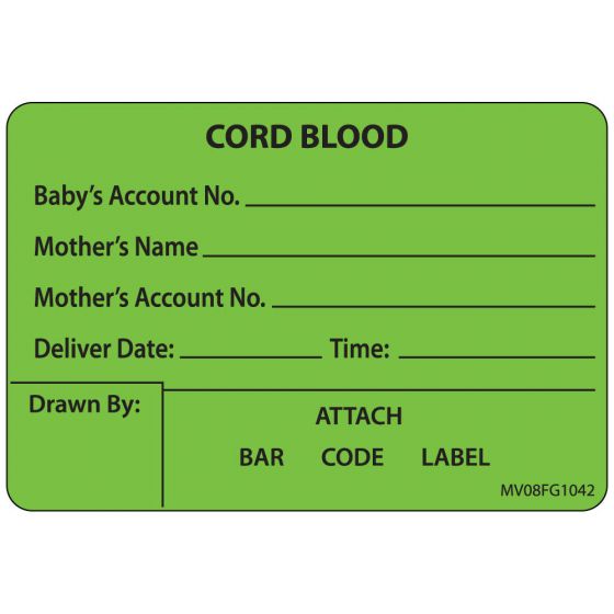 Label Paper Removable Cord Blood Babys, 1" Core, 2" 15/16" x 2, Fl. Green, 333 per Roll