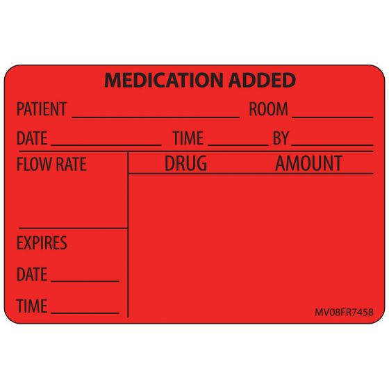 Label Paper Permanent Medication Added, 1" Core, 2" 15/16" x 2, Fl. Red, 333 per Roll