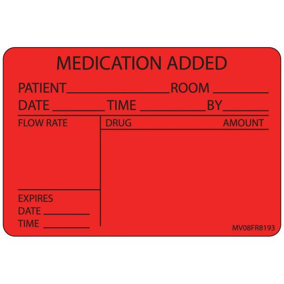 Label Paper Permanent Medication Added, 1" Core, 2" 15/16" x 2, Fl. Red, 333 per Roll