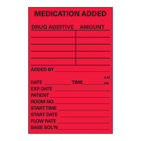 Label Paper Permanent Medication Added, 1" Core, 2" x 3", Fl. Red, 500 per Roll