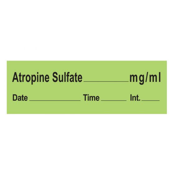 ANESTHESIA TAPE WITH DATE, TIME, AND INITIAL REMOVABLE ATROPINE SULFATE 1" CORE 1/2" X 500" IMPRINTS GREEN