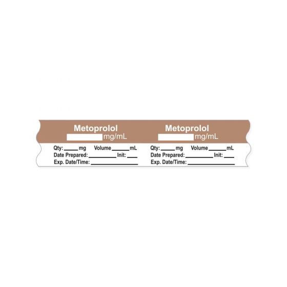 Anesthesia Tape, with Expiration Date, Time & Initial (Removable), "Metoprolol mg/ml" 3/4" x 500", Copper with White, - 333 Imprints - 500 Inches per Roll