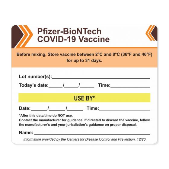 Pfizer BioNTech COVID-19 Vaccine Tracking Label, CDC "Beyond Use Date/time (BUD)", 4" X 3-1/4", 250 per Roll