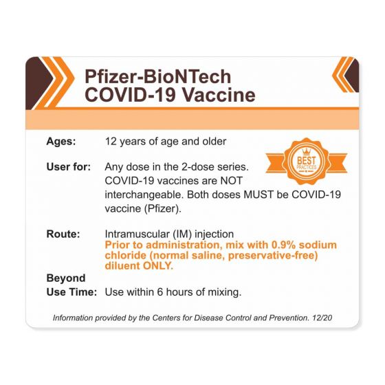 Pfizer BioNTech COVID-19 Vaccine Storage & Handling Label, CDC, 4" X 3-1/4", 250 per Roll