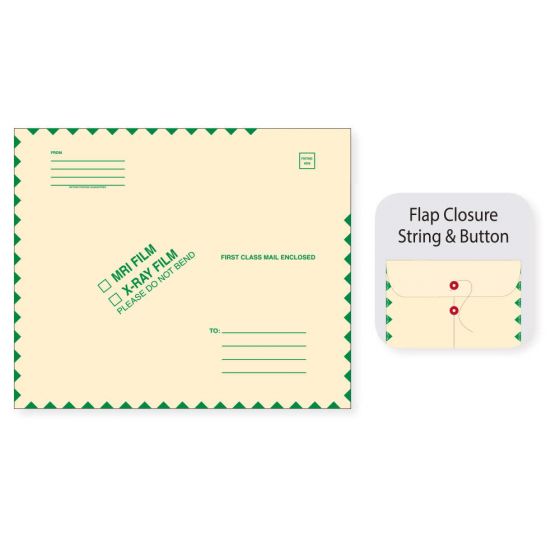 X-Ray Film Mailer String & Button Open End with Green Diamond Border 11pt Manila 15" x 18", 50 per Case