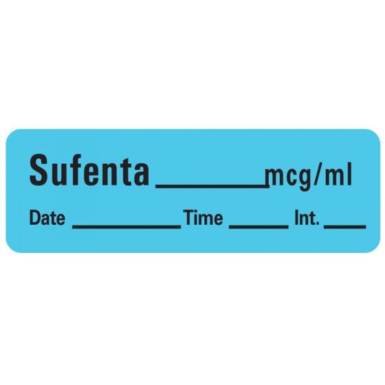 Anesthesia Label with Date, Time & Initial (Paper, Permanent) Sufenta mcg/ml 1 1/2" x 1/2" Blue - 600 per Roll