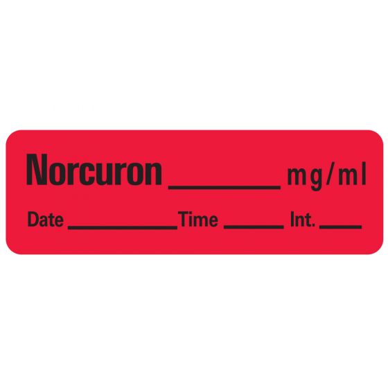 Anesthesia Label with Date, Time & Initial (Paper, Permanent) Norcuron mg/ml 1 1/2" x 1/2" Fluorescent Red - 600 per Roll