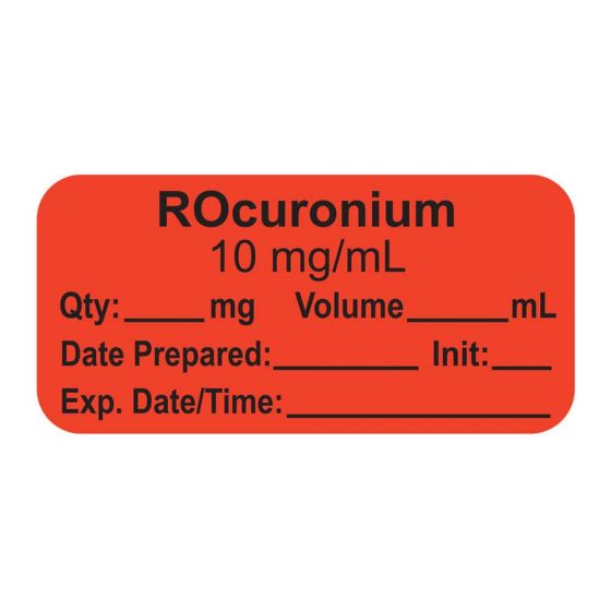 Anesthesia Label, with Expiration Date, Time & Initial (Paper, Permanent) "Rocuronium 10 mg/ml" 1-1/2" x 3/4", Fluorescent Red - 500 per Roll