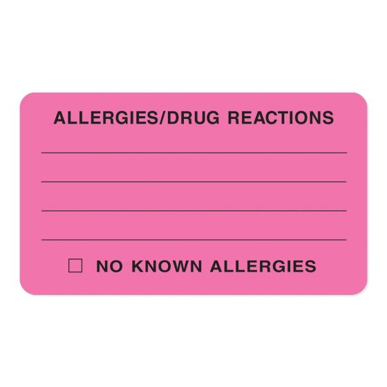 Label Paper Removable Allergies/drug React 3" x 1", 3/4", Fl. Pink, 500 per Roll